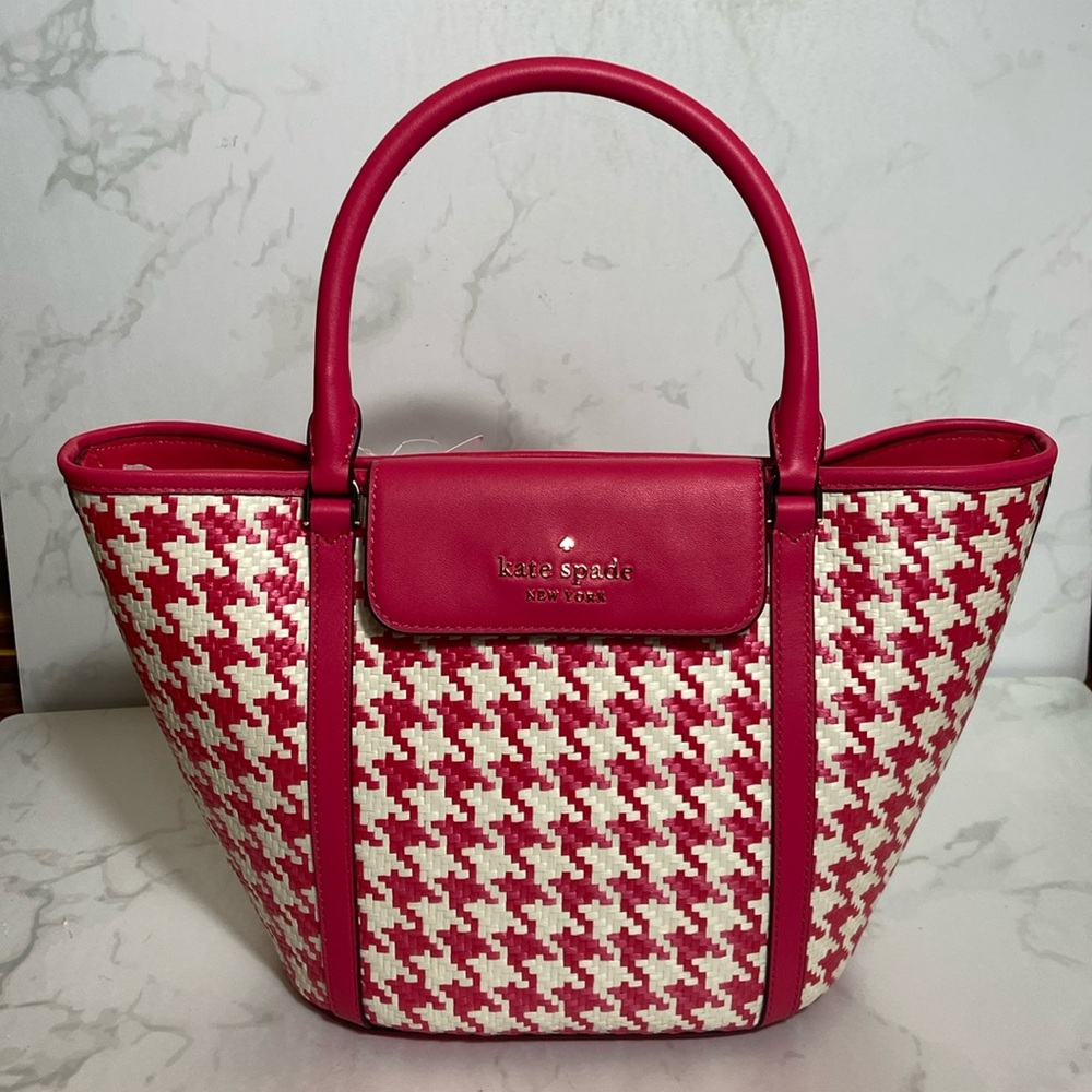 New Kate Spade Hot Pink & White  HoundsTooth "Cruise" Medium Tote Shoulder Bag